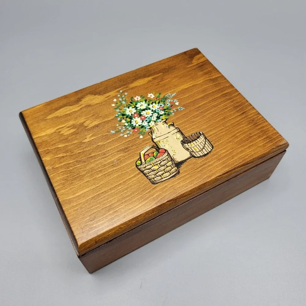 Vintage Decorative Wooden Trinket Box With Flower & Basket Design